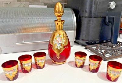 Vintage Ruby Red Venetian Art Glass Decanter & 6 Cordials, VGC, 24k Gold, 9”H - Image 1 of 4