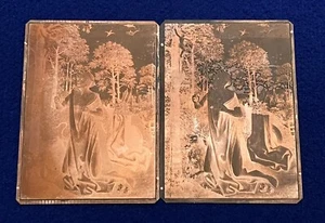 2 PRINT BLOCK LETTERPRESS COPPER ENGRAVED MAN IN FOREST PRAYING TO CRUCIFIX RARE - Picture 1 of 19