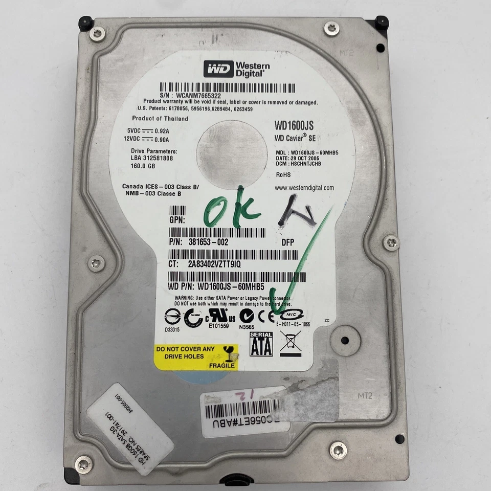 HP 381653-002 WD WD1600JS-60MHB5 Caviar SE 160GB 7.2K 3.5" SATA HDD | 391741-001 - Image 1 of 3