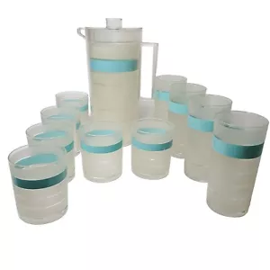 Vintage H J Stotter Lucite Pitcher Tumblers Glasses 11 Pc Set Turquoise Stripe - Picture 1 of 12