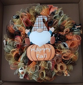 Handmade Seasonal Deco Mesh/Ribbon Wreath Fall Autumn Harvest Happy Fall Gnome - Picture 1 of 2