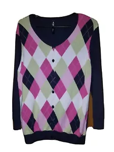 LIJA Golf Cardigan Sweater, Womens Sz L, Multicolor Argyle, Cotton, Stretch, NEW - Picture 1 of 4