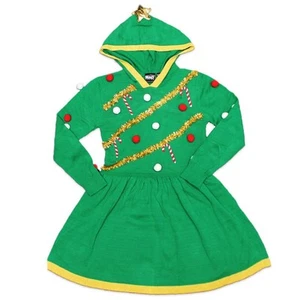 Girls Christmas Tree Fuzzy Ornament Pullover Dress with Hood - Picture 1 of 1