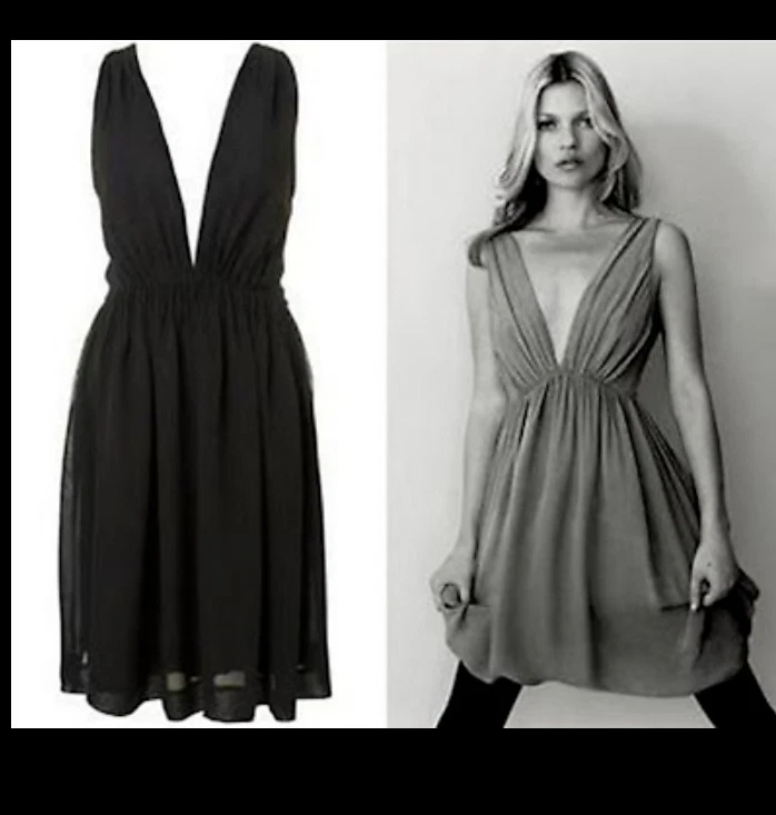 Chic Kate Moss Topshop Pequeño Vestido Negro UK10 Georgette V Cuello Profundo y Espalda Foto 1 de 4