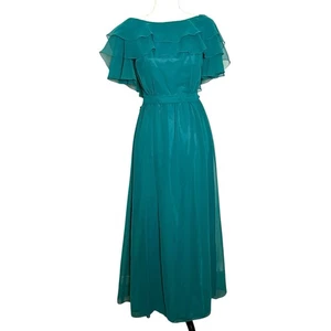 Maxi Vestido Vintage Años 80 Verde Azulado Gasa Volantes Manga Acampanada Lazo Boda Formal S - Imagen 1 de 10