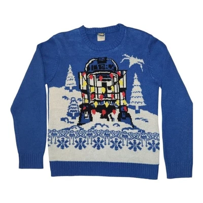 STAR WARS Men's Ugly Christmas Crewneck Sweater Royal Blue R2-D2 X-Wing XXL EUC - Image 1 of 4