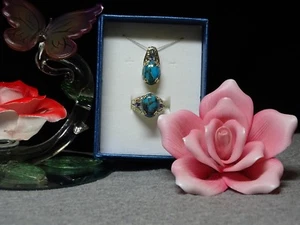 Mojave Blue Turquoise, Iolite Ring & Pendant Set 14K YG & Platinum Over 925 SS - Picture 1 of 12
