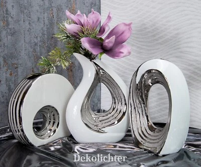 Deko Vase Keramik weiß silber Blumenvase Keramik modern Tischvase Muster - Bild 1 von 4