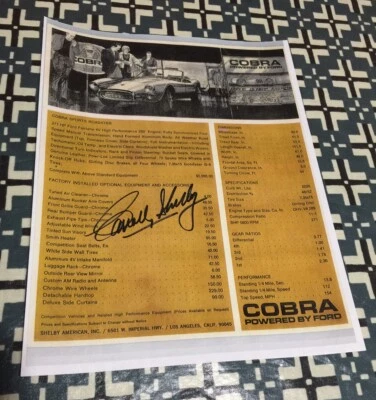 CARROLL SHELBY SIGNED 289 COBRA ROADSTER DEALER SALES SHEET RARE & COLLECTABLE!! - Image 1 of 4