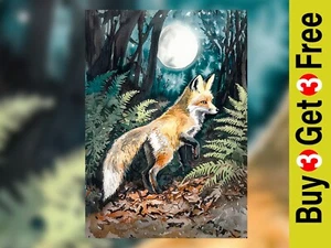 Moonlit Forest Fox 5"x7" Print on Matte Paper | Enchanted Nocturnal Scene - Picture 1 of 18