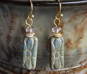 Etched Gold with Blue Green Picasso Bead Earrings. Boho Chic. - Picture 1 of 3