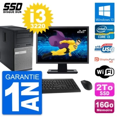 PC tour DELL 9010 Pantalla 22" Intel Core i3-3220 RAM 16Go SSD 2To Windows 10 Wi - Imagen 1 de 4
