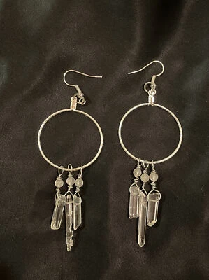 NWOT! Handmade Quartz Crystal Silver Hoop Dangle Earrings - Image 1 of 3