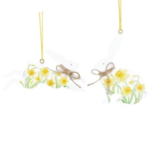 Gisela Graham Set of 2 Hanging Wooden Daffodil Hares Rustic Easter Decorations - Picture 1 of 1