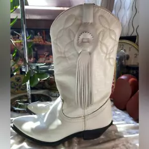 Vintage White Fringe Concho Leather Cowboy Boots - Picture 1 of 6