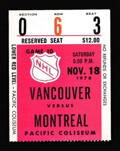 YVON COURNOYER Final NHL Game Ticket Stub Montreal Vancouver November 18 1978 - Picture 1 of 2