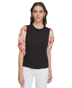 DKNY Floral Puff Sleeve Top, Black SZ XS - Picture 1 of 3