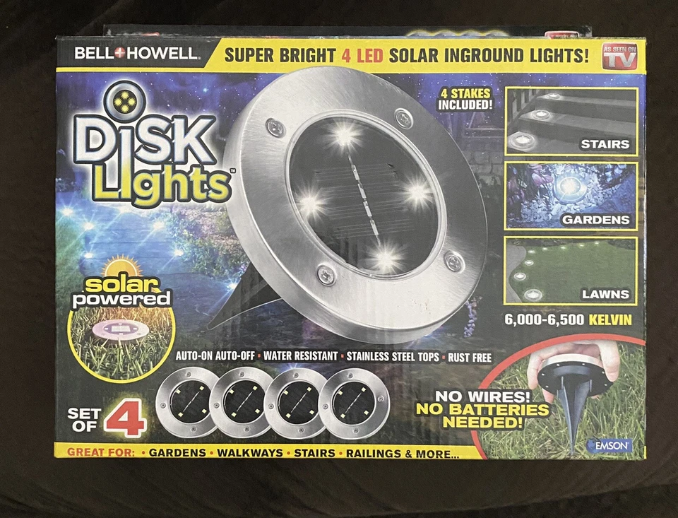 New Bell Howell Solar Disk Lights Powered 4 LED Brushed Steel As Seen on TV - Image 1 of 4
