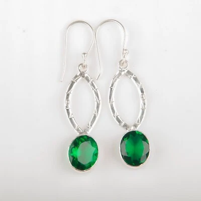 Emerald Gemstone Drop/Dangle Green Earrings 925 Sterling Silver Jewelry - Image 1 of 4
