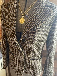 Blazer de tweed marca Harolds para mujer marrón pata de gallo cuello con flecos talla 4 vintage - Imagen 1 de 12