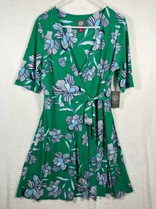 VINCE CAMUTO Green Floral Wrap Dress $128 Size 14 Stretch Knit Short Sleeve NEW - Picture 1 of 11