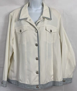 NWT Dialogue Plus Sz 22W White Button Jacket Blue Tweed Trim Stretch Long Sleeve - Picture 1 of 12