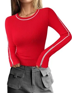 OQQ Damen Shirt rot Langarm Rundhals sexy Reißverschluss Größe S - Bild 1 von 6