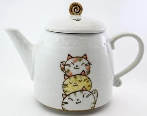 Seto ware Japanese Pottery White Teapot w/Strainer Tabby Cat Brown Hand Painted - Picture 1 of 13