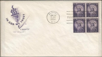 Scott 1035 X 4 FDC - 3 cent - 1954 - Liberty - Post Mark: Albany, NY - FDOI - Image 1 of 2