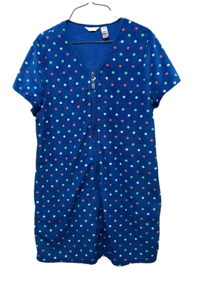 ADONNA LEISURE WEAR Blue Polka Dot TERRY CLOTH Zip-Up LOUNGE Swim Cover-Up Sz M - Image 1 of 4