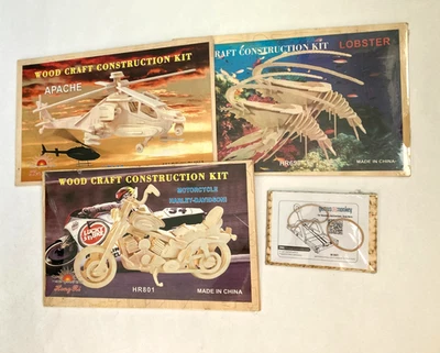Woodcraft Construction Kit 3D Motorcycle Helicopter Lobster Catapult : LOT of 4 - Image 1 of 4