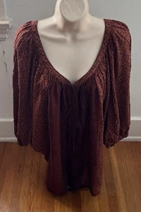 Blusa Free People Marrón Borgoña Talla Estampado Mixto Manga Dolman Botón Delantero - Imagen 1 de 16