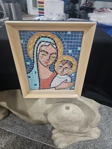 Vintage 50er 60er Abstrakt Mutter, Madonna & Kind Fliese Mosaik Wandbehang - Bild 1 von 9