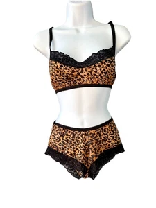 Vintage 70s Leopard Print Lingerie Set Black Lace Trim Small - Picture 1 of 14