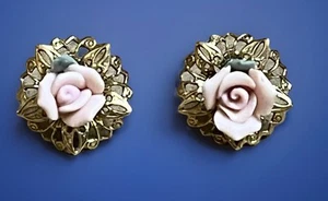 Vintage Gold Tone Porcelain Rose Pierced Earrings - Picture 1 of 2