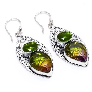 Bi-Color Tourmaline, Peridot Gemstone 925 Sterling Silver Jewelry Earring 2.56 " - Picture 1 of 5