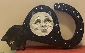 ORIGINAL Ryta handbemalte schwarze Katze Halloween Volkskunst Regal Sitter Malerei HP - Bild 1 von 1