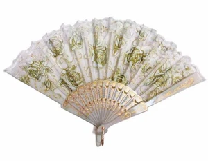 Nuevo abanico de mano de tela con patrón de rosa de encaje blanco hecho a mano 048 - Imagen 1 de 4