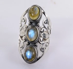 Labradorite Three Stone Ring in Sterling Silver Size 8 - Picture 1 of 8