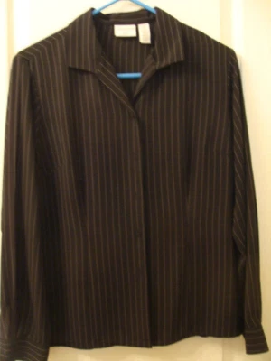 Vintage Covington Women Blouse Shirt Polyester Black Gray Pin Stripes Lines 12P - Image 1 of 4