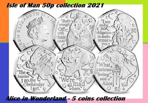 Isla de Man 5 monedas Juego de 50 piezas 2021 Alicia en el País de las Maravillas Gato Conejo Sombrerero Reina - Imagen 1 de 5