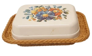 Vintage 70s EMSA plastic Floral Butter dish On Plastic Bamboo Effect Stand - Picture 1 of 3