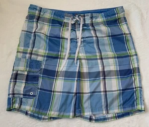 Merona Men's Swim Trunks- Blues, white, green plaid design- size 36-38 - Picture 1 of 5