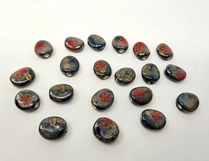 20 pcs VTG Black & Red Floral Flower 20mm Flat Oval Ceramic Craft Jewelry Beads - Picture 1 of 2