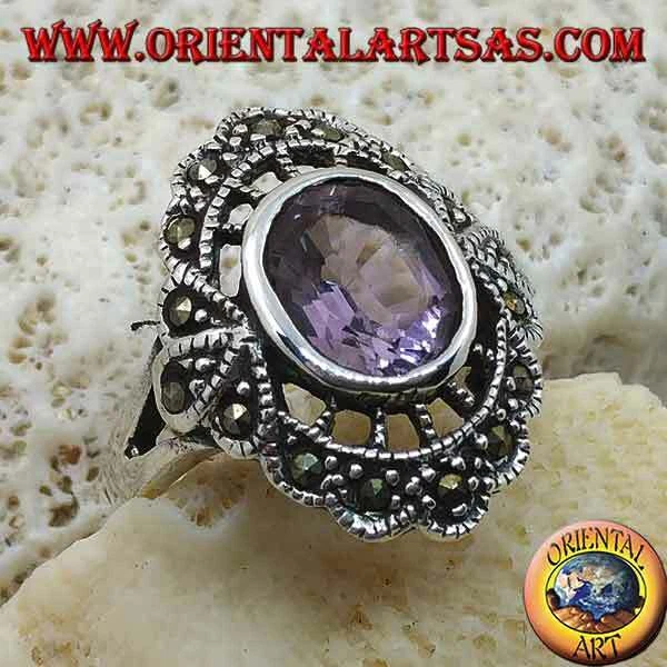 Anello in Argento 925‰ a nuvoletta con ametista naturale ovale e marcasite - Immagine 1 di 1