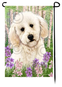 Spring Flowers Garden Flag - White Labradoodle - Picture 1 of 1