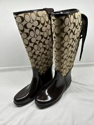 Coach Women's Tristee Brown Beige Logo Lace Up Canvas Corset Rain Boots W 8B - Изображение 1 из 4