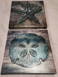 Set Of 2 Stretched Canvas Prints Starfish And Sand Dollar Embellished With... - Picture 1 of 9