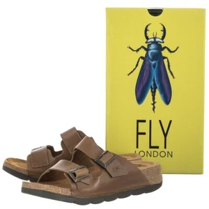 *NWT* FLY LONDON BRIDLE CAJA721 CAMEL LEATHER BUCKLE SLIDE SANDALS~41 - Picture 1 of 8