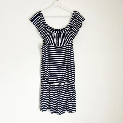 NWT Splendid Womens Striped Off Shoulder Elastic Shorts Soft Romper White Blue M - Image 1 of 4